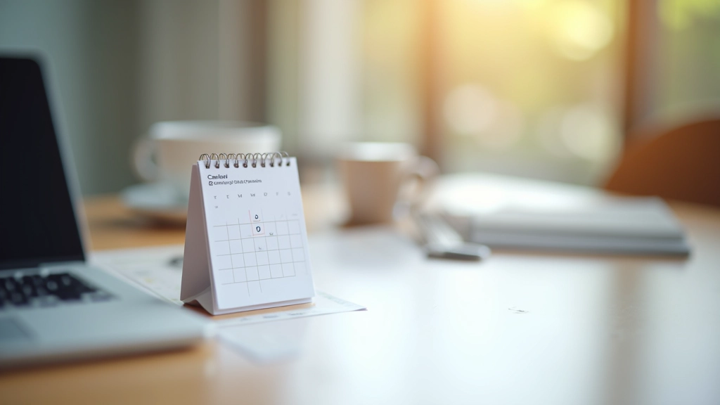 Calendar page with highlighted date and reminder notifications, clean minimal desk setup