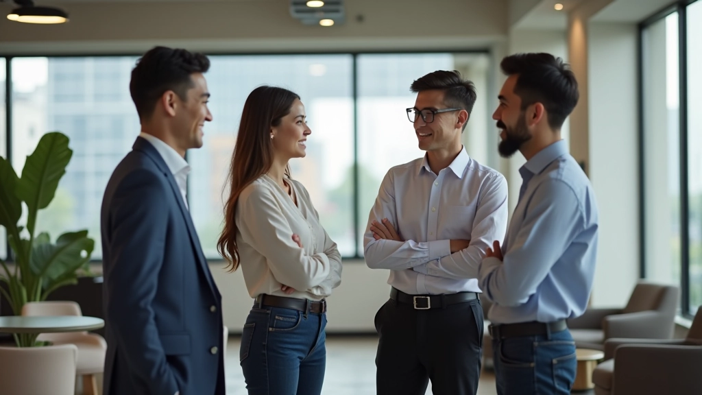 Group of professionals standing in a circle during a networking event, engaged in conversation