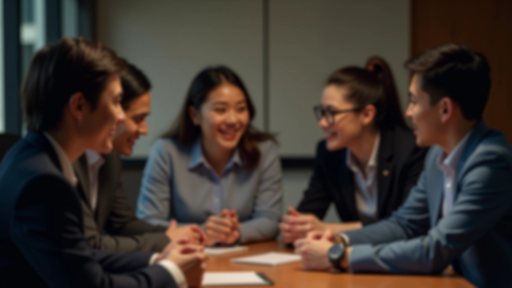 Group of professionals in animated conversation, all engaged and smiling, indoor networking venue