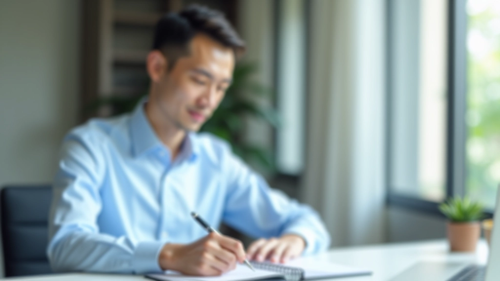 Man working at desk with notebook and pen, planning professional strategy