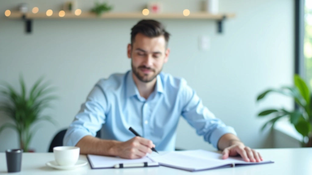 Professional at a desk reviewing notes and calendar, planning networking strategy with coffee