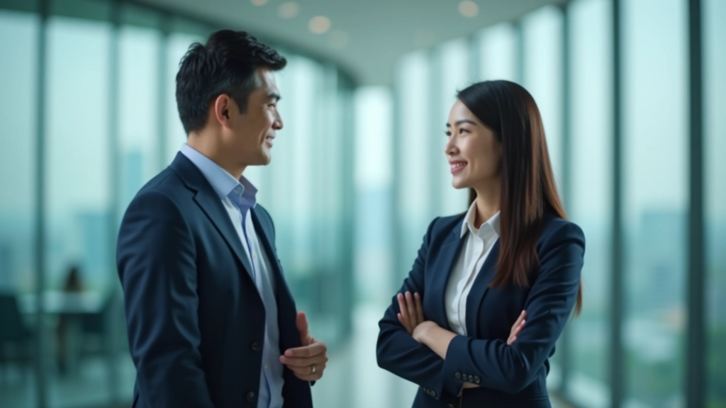 Man and woman having a conversation at a networking event, both smiling, standing near a window with natural light