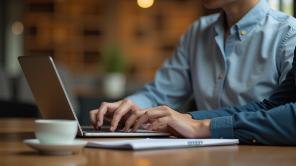 Person typing a thoughtful message on a laptop, warm office lighting, professional workspace with coffee and notebook visible