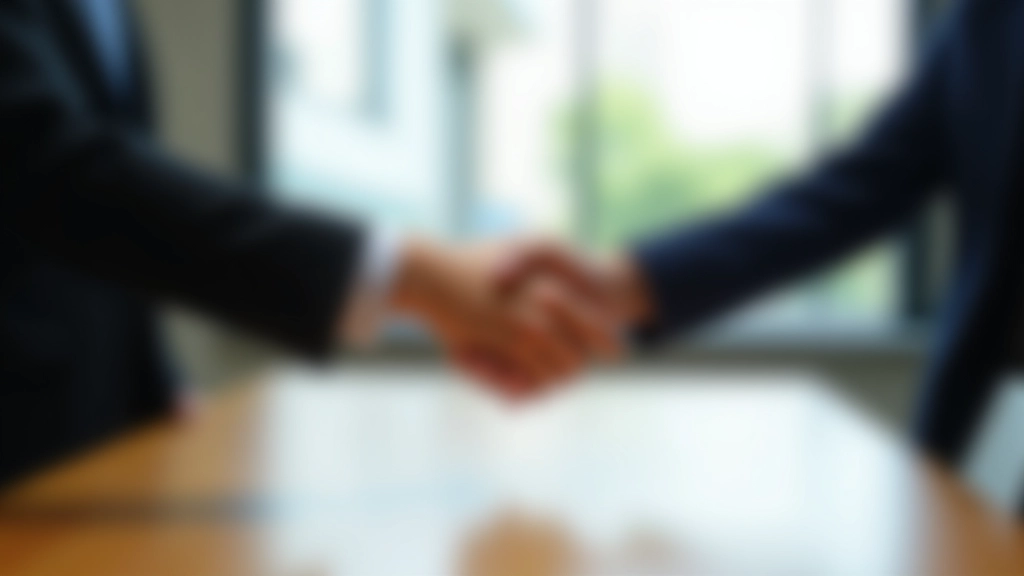 Two professionals shaking hands across a wooden table in a modern office setting with natural light