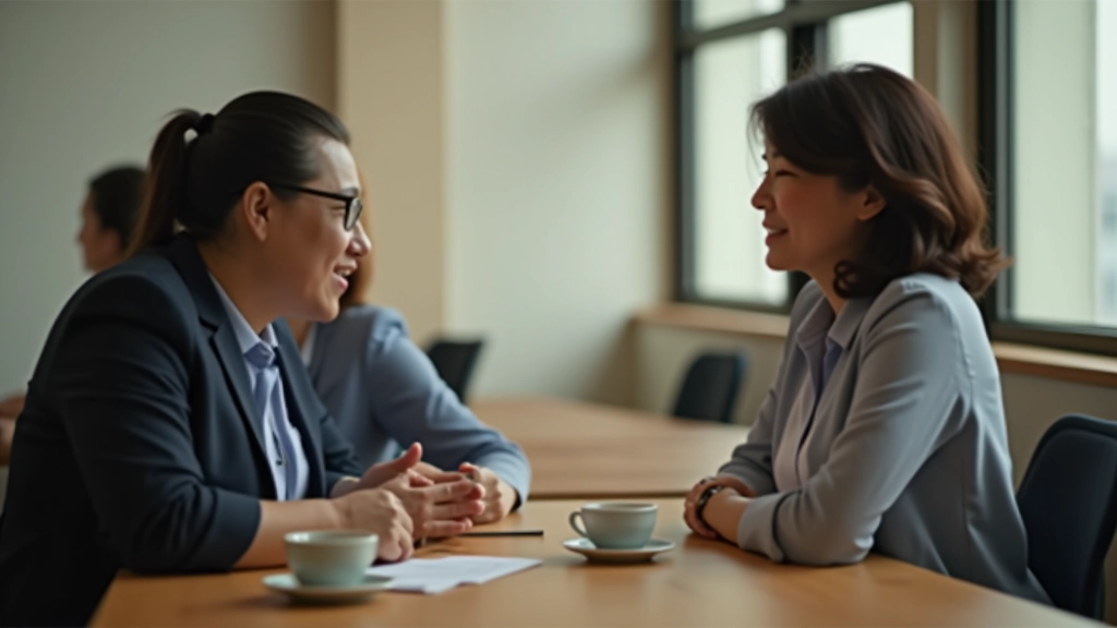 Two professionals having an engaged conversation at a coffee table, notebook visible