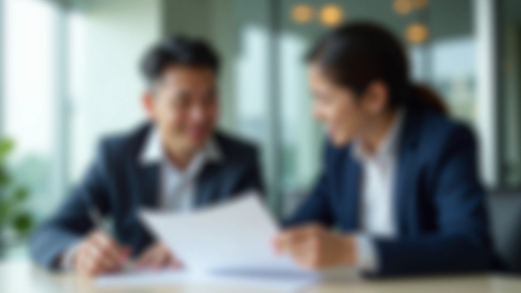 Two professionals reviewing documents together at a table during a follow-up meeting, natural office lighting