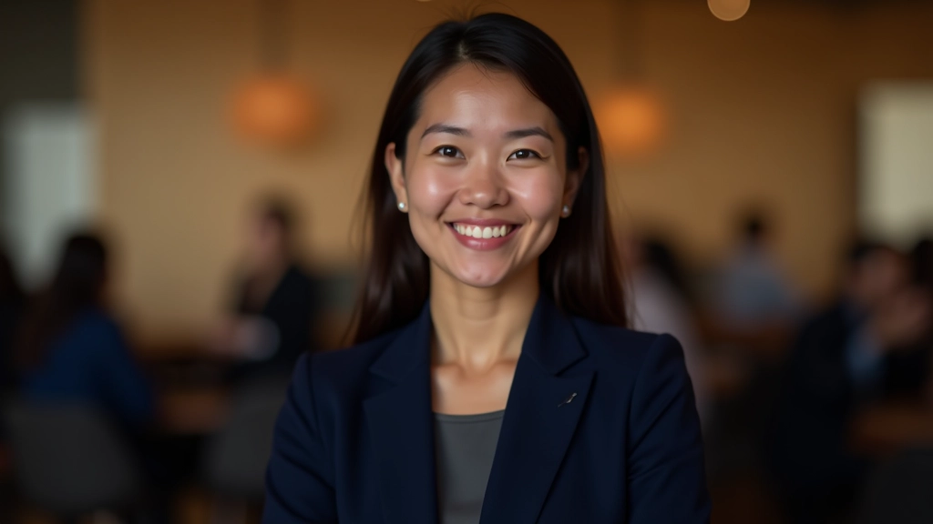 Professional woman at networking event, smiling confidently during conversation with colleagues