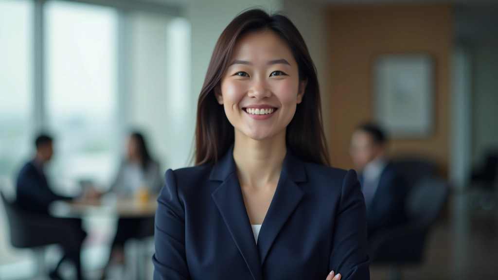 Professional woman smiling confidently during a networking event, portrait from chest up, modern conference background